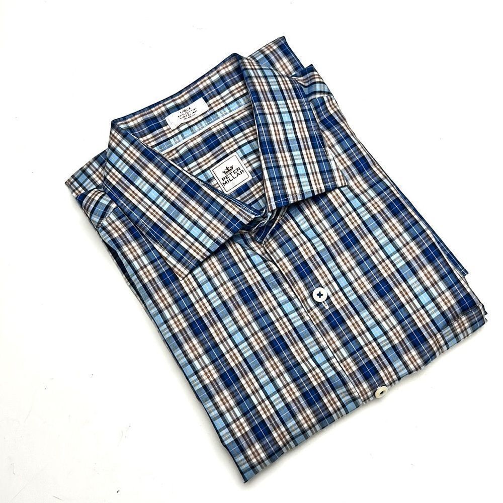 PETER MILLAR Cotton Tartan Plaid Casual Button Down Shirt Long Sleeves size L